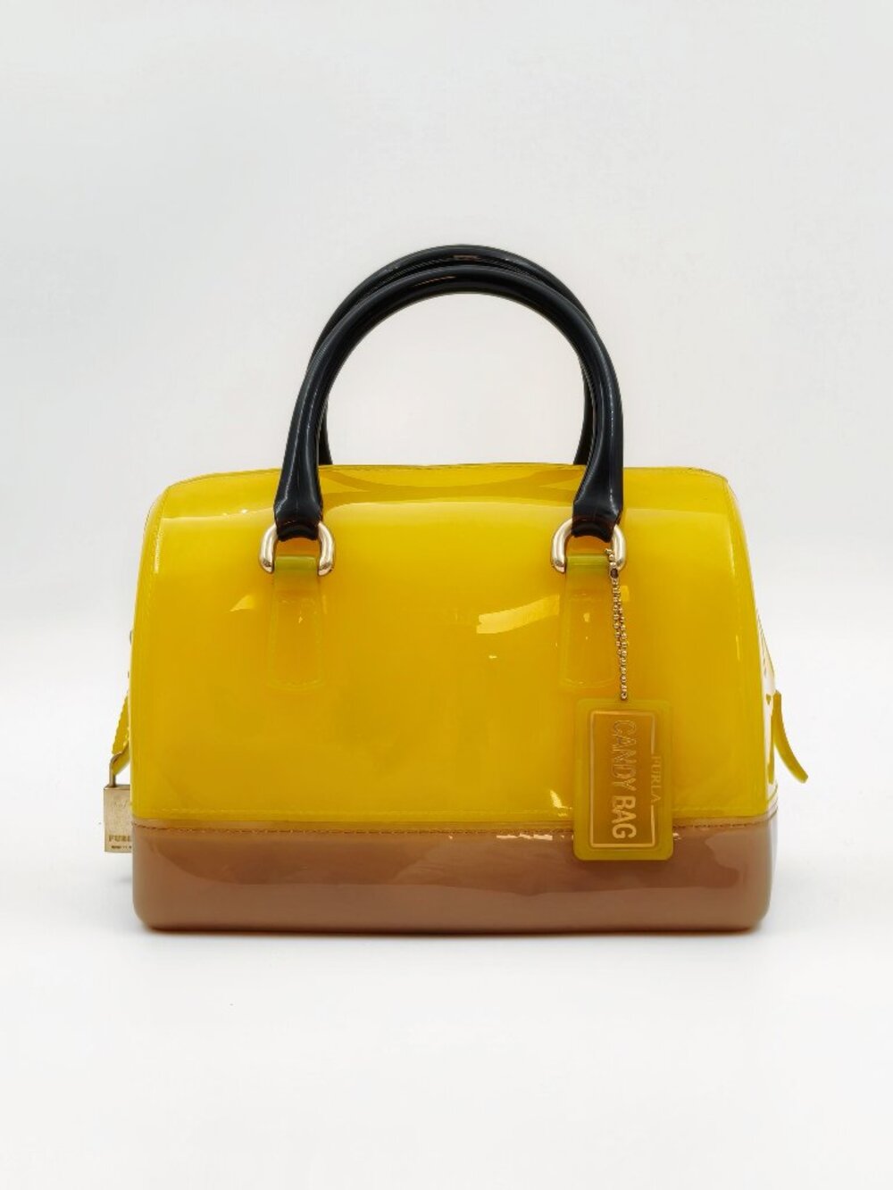 Furla Candy Bag Glossy Yellow Rubber PVC Satchel Top Handle Handbag Small